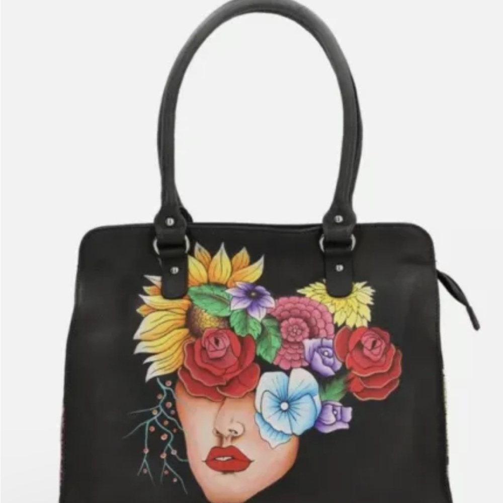 Sukriti Black 100% Genuine Leather Hand Painted Floral Face Shoulder Bag